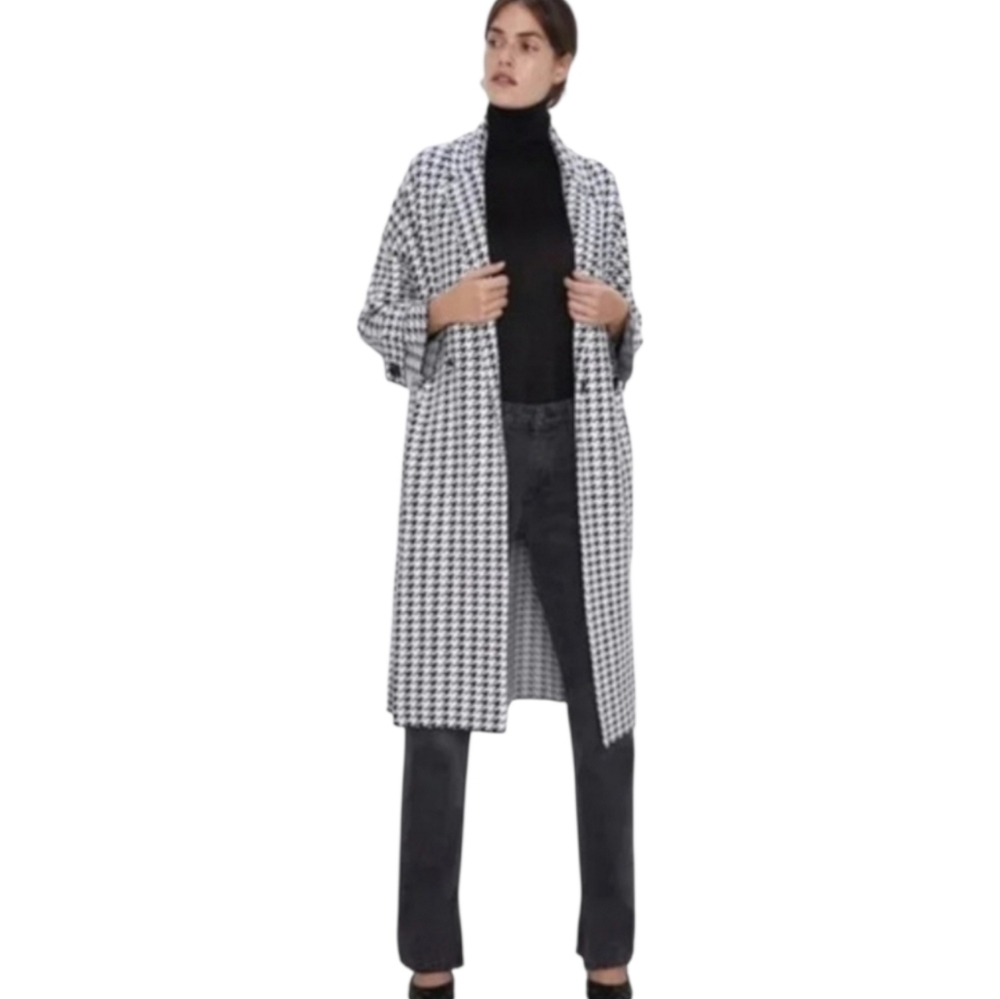 Zara Houndstooth Knit Long Cardigan Coatigan Size S Black & White